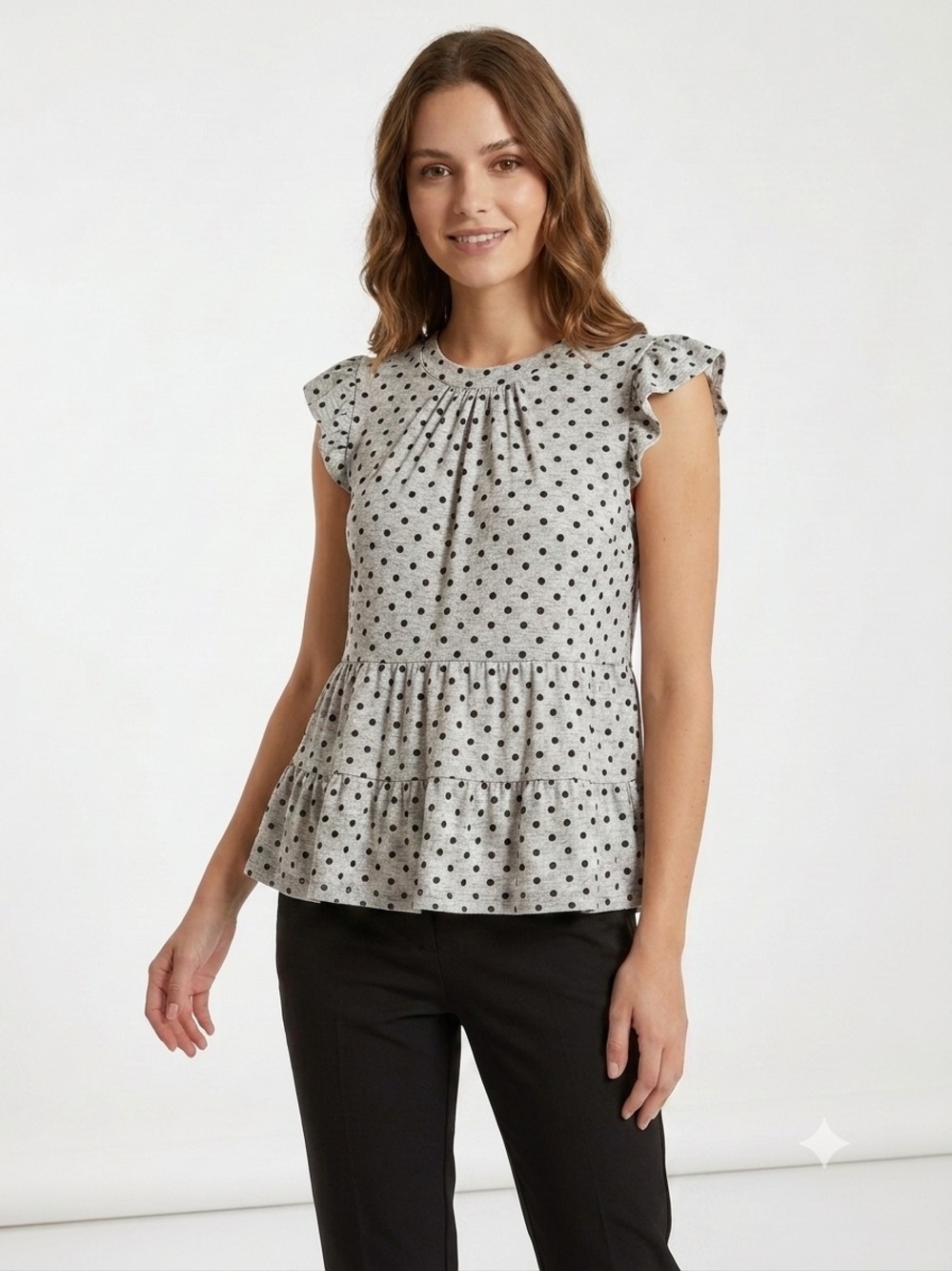 Monteau LA Polka Dot Ruffled Sleeve Tiered Peplum Blouse Size Small